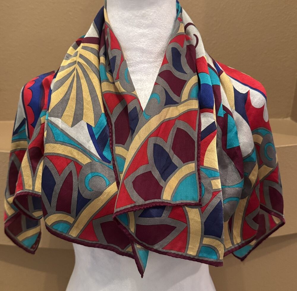 Perry Ellis Vintage Silk Abstract Geometric and Fan-Like Motifs Women's Scarf